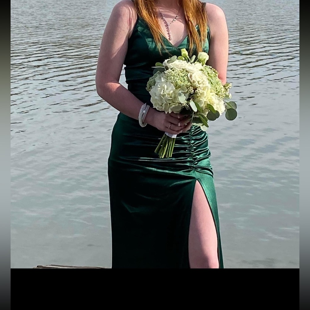 Emerald green silky prom dress!!